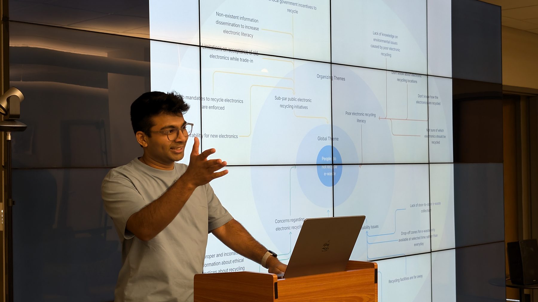 Mandar presenting a thematic network diagram on a large video wall, mid-sentence with one hand raised